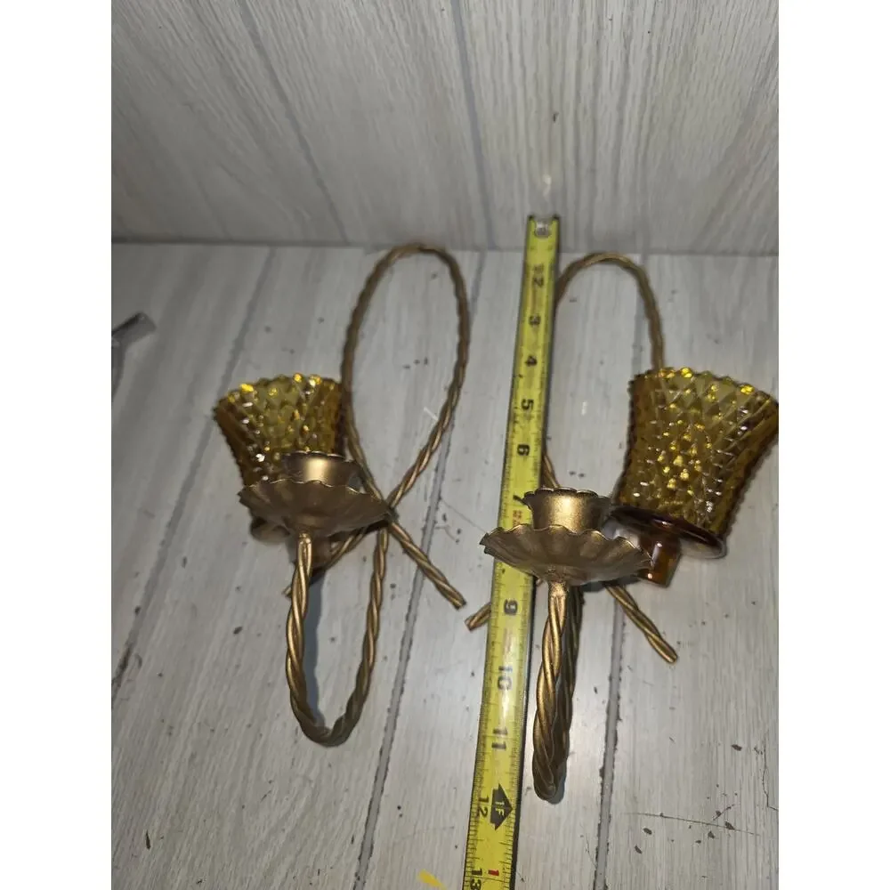 Vintage Home Interiors Twisted Wire Wall Sconces Amber Glass Votive Candleholder